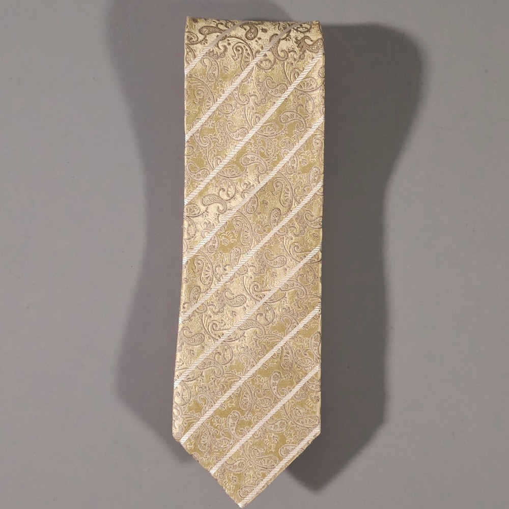 Canali Silk Tie Mens OS Gold Paisley Striped Jacquard Made in Italy